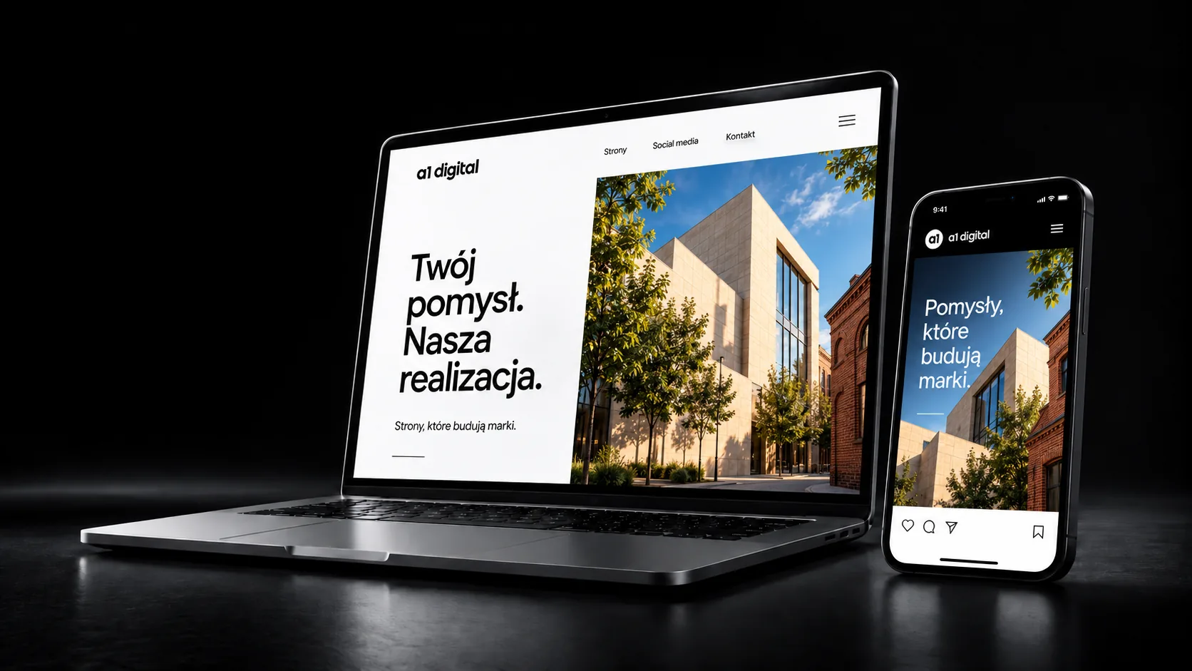 Koncepcja strony internetowej i komunikacji social media na laptopie i telefonie
